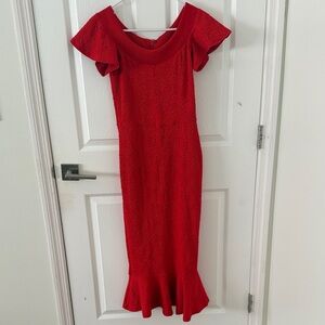 Opening Ceremony Red Off-Shoulder Ruffle-Hem Midi Dress